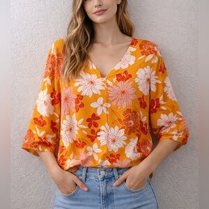 DR2 Floral Top Yellow Orange Boho Blouse 3/4 Sleeve Casual Spring Summer Top XL
